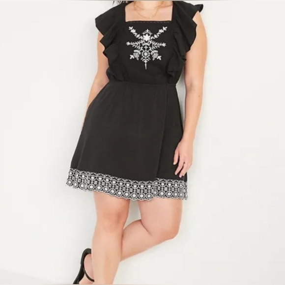 Old navy Flutter-Sleeve Embroidered Tie-Back Mini Dress  size L Cotton Rayon - Picture 1 of 14